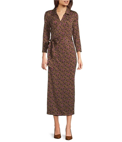 J.McLaughlin Printed Knit Reversible Point Collar V-Neck 3/4 Sleeve Wrap Dress