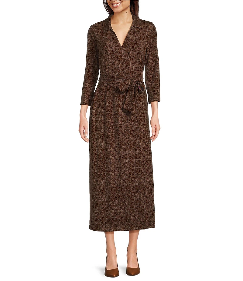 J.McLaughlin Printed Knit Reversible Point Collar V-Neck 3/4 Sleeve Wrap Dress