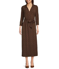 J.McLaughlin Printed Knit Reversible Point Collar V-Neck 3/4 Sleeve Wrap Dress