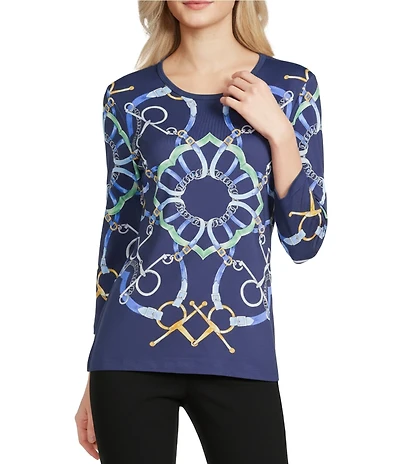 J.McLaughlin Printed Knit Round Neck 3/4 Sleeve Signature Tee
