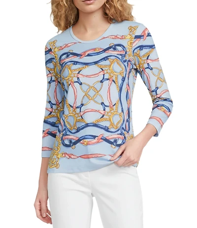 J.McLaughlin Printed Knit Round Neck 3/4 Sleeve Signature Tee