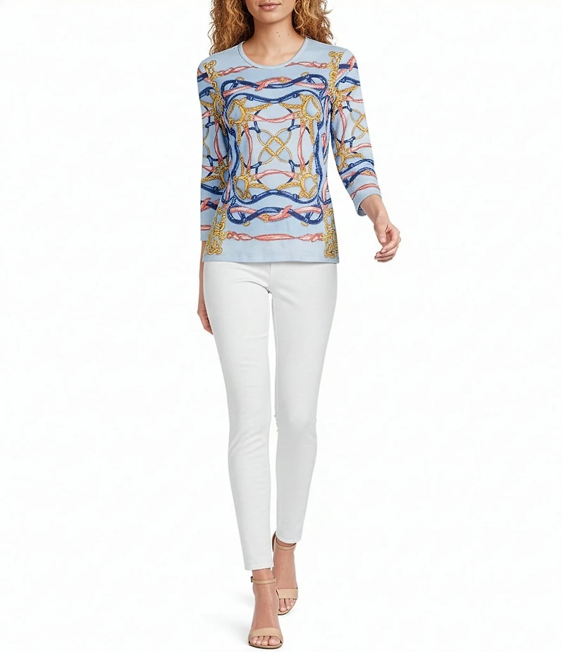 J.McLaughlin Printed Knit Round Neck 3/4 Sleeve Signature Tee