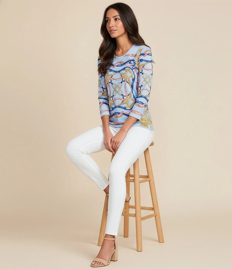 J.McLaughlin Printed Knit Round Neck 3/4 Sleeve Signature Tee