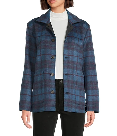 J.McLaughlin Reid Woven Wool Blend Reversible Plaid Point Collar Long Sleeve Jacket