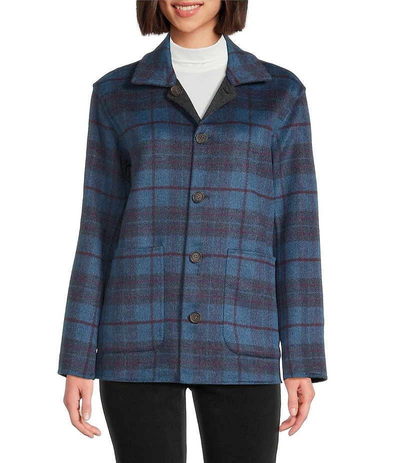 J.McLaughlin Reid Woven Wool Blend Reversible Plaid Point Collar Long Sleeve Jacket