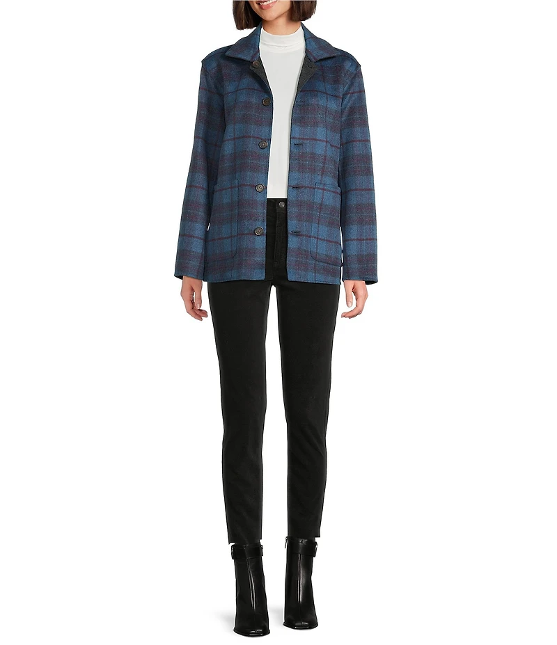 J.McLaughlin Reid Woven Wool Blend Reversible Plaid Point Collar Long Sleeve Jacket