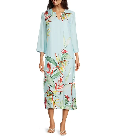J.McLaughlin Roni Floral Print Split V-Neck 3/4 Sleeve Midi Dress