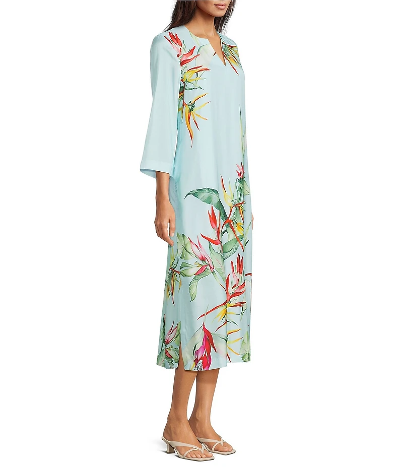 J.McLaughlin Roni Floral Print Split V-Neck 3/4 Sleeve Midi Dress
