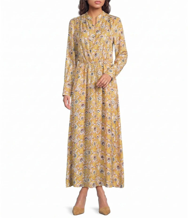 J.McLaughlin Silk-Blend Floral Split V-Neck Long Sleeve Tie Waist Dress
