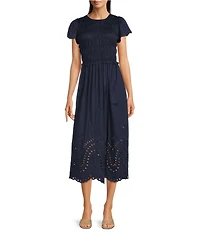 J.McLaughlin Somerset Smocked Round Neck Ruffle Cap Sleeve Eyelet Midi Dress