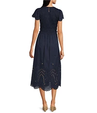 J.McLaughlin Somerset Smocked Round Neck Ruffle Cap Sleeve Eyelet Midi Dress