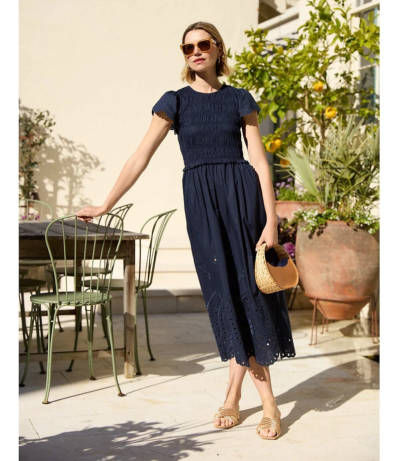 J.McLaughlin Somerset Smocked Round Neck Ruffle Cap Sleeve Eyelet Midi Dress
