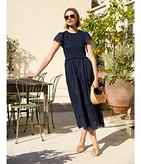 J.McLaughlin Somerset Smocked Round Neck Ruffle Cap Sleeve Eyelet Midi Dress