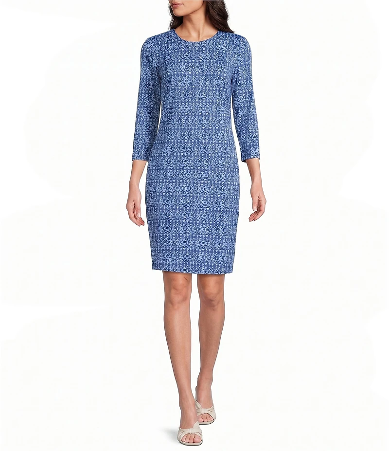 J.McLaughlin Stretch Knit Sophia Ikat Print Crew Neck 3/4 Sleeve Sheath Dress