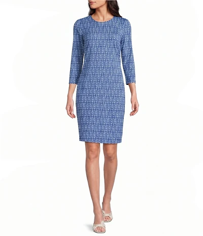 J.McLaughlin Stretch Knit Sophia Ikat Print Crew Neck 3/4 Sleeve Sheath Dress