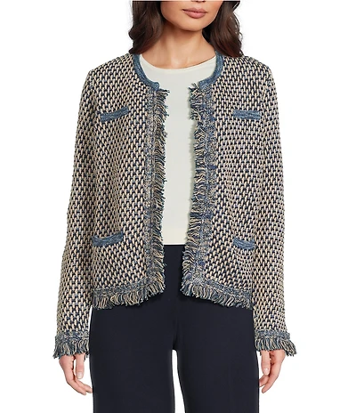 J.McLaughlin Textured Fringe Trim Round Neck Long Sleeve Cardigan