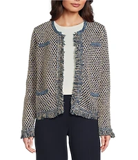 J.McLaughlin Textured Fringe Trim Round Neck Long Sleeve Cardigan
