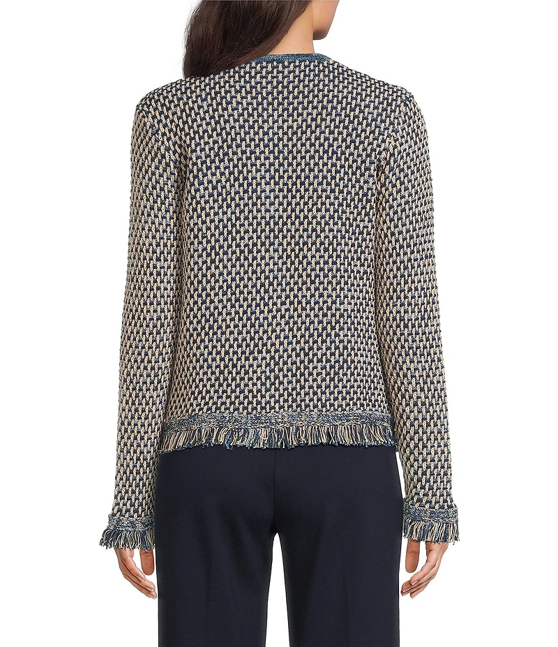 J.McLaughlin Textured Fringe Trim Round Neck Long Sleeve Cardigan