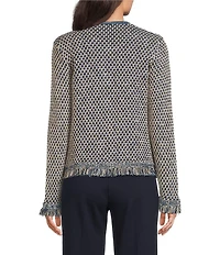 J.McLaughlin Textured Fringe Trim Round Neck Long Sleeve Cardigan
