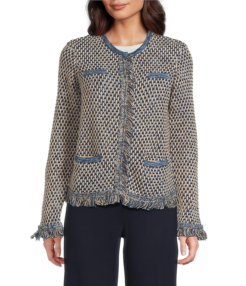 J.McLaughlin Textured Fringe Trim Round Neck Long Sleeve Cardigan