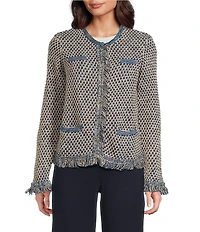 J.McLaughlin Textured Fringe Trim Round Neck Long Sleeve Cardigan