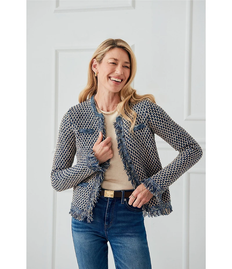 J.McLaughlin Textured Fringe Trim Round Neck Long Sleeve Cardigan