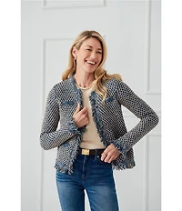 J.McLaughlin Textured Fringe Trim Round Neck Long Sleeve Cardigan