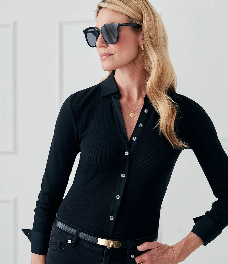 J.McLaughlin Theodora Knit Point Collar Long Sleeve Button-Front Shirt