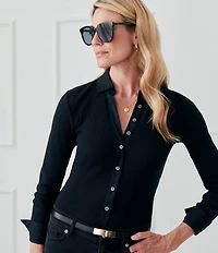 J.McLaughlin Theodora Knit Point Collar Long Sleeve Button-Front Shirt