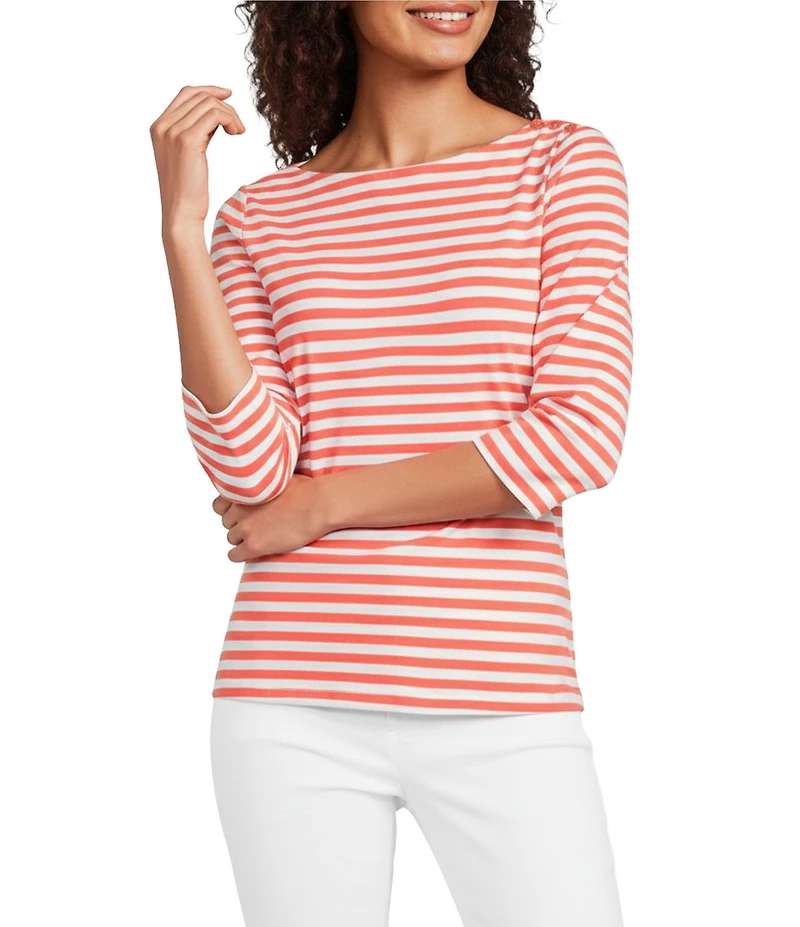 J.McLaughlin Wavesong Striped Print 3/4 Sleeve Button Shoulder Tee Shirt