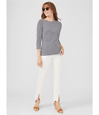 J.McLaughlin Wavesong Striped Print 3/4 Sleeve Button Shoulder Tee Shirt