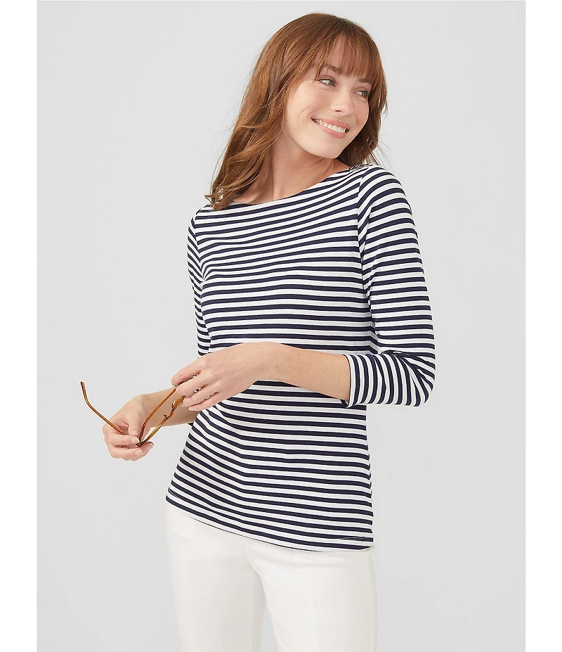 J.McLaughlin Wavesong Striped Print 3/4 Sleeve Button Shoulder Tee Shirt