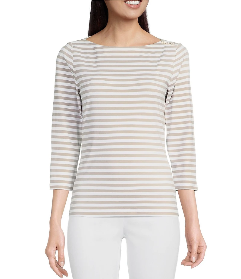 J.McLaughlin Wavesong Striped Print 3/4 Sleeve Button Shoulder Tee Shirt