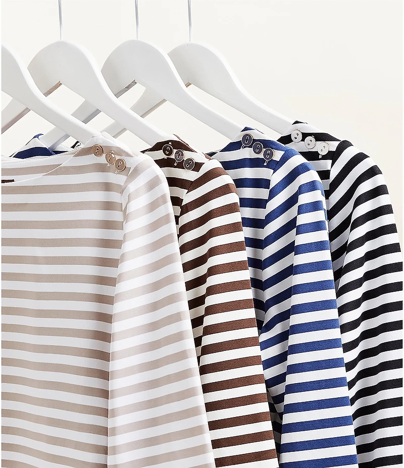 J.McLaughlin Wavesong Striped Print 3/4 Sleeve Button Shoulder Tee Shirt