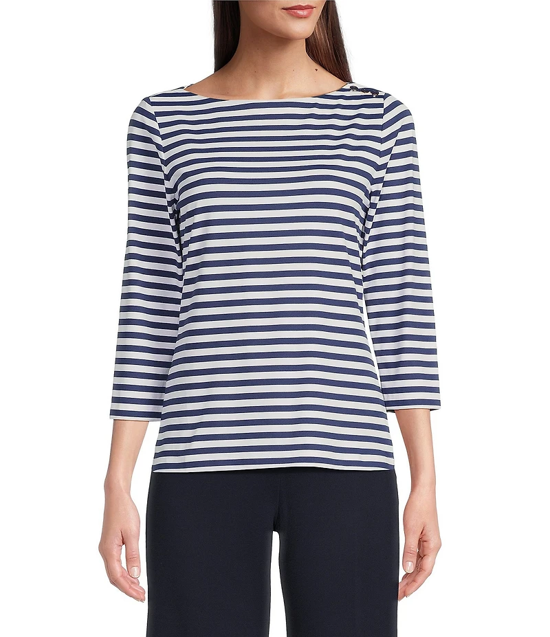 J.McLaughlin Wavesong Striped Print 3/4 Sleeve Button Shoulder Tee Shirt
