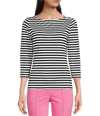 J.McLaughlin Wavesong Striped Print 3/4 Sleeve Button Shoulder Tee Shirt