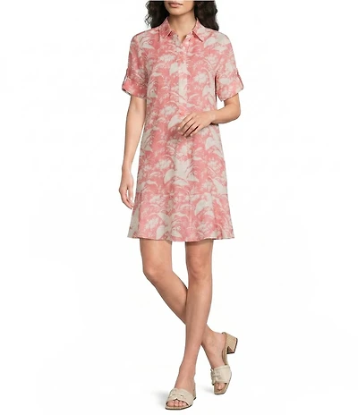 J.McLaughlin Wellesley Printed Linen Point Collar Short Sleeve Shift Dress