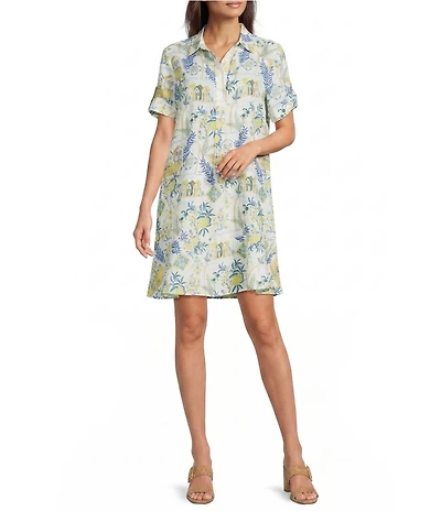 J.McLaughlin Wellesley Printed Shirt Collar Short Sleeve Shift Dress