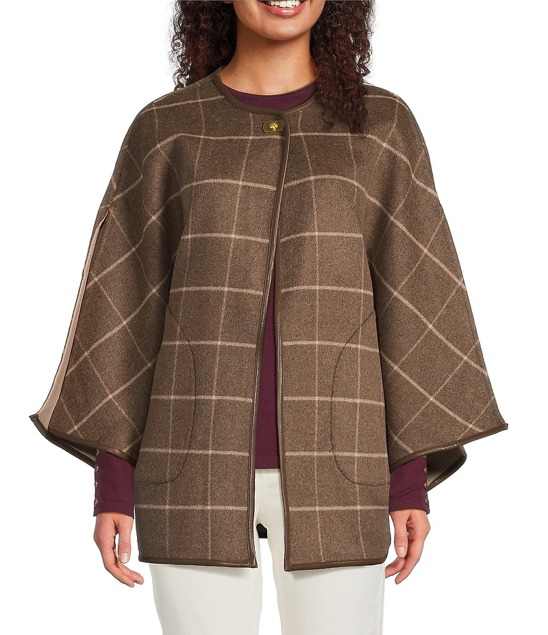 J.McLaughlin Winifred Plaid Crew Neck Split Sleeve Turnlock Poncho