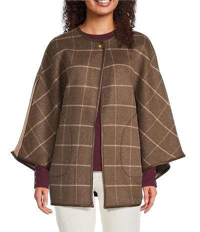 J.McLaughlin Winifred Plaid Crew Neck Split Sleeve Turnlock Poncho