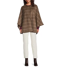 J.McLaughlin Winifred Plaid Crew Neck Split Sleeve Turnlock Poncho