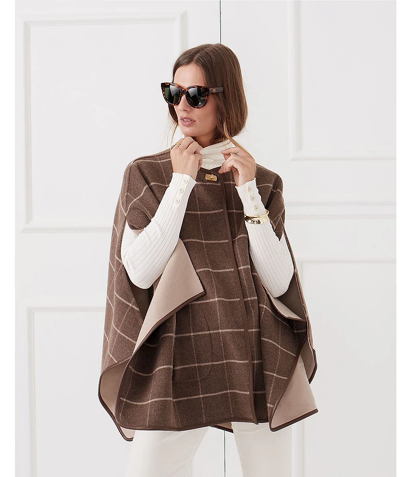 J.McLaughlin Winifred Plaid Crew Neck Split Sleeve Turnlock Poncho