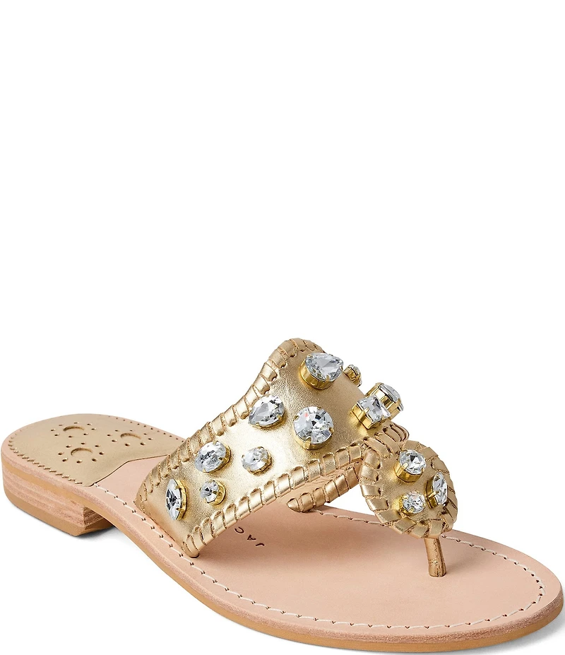 Jack Rogers Jacks Metallic Leather Jewel Ornamented Flat Thong Sandals