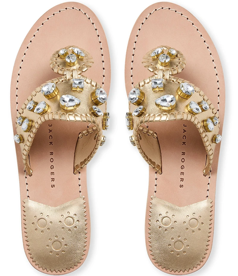 Jack Rogers Jacks Metallic Leather Jewel Ornamented Flat Thong Sandals