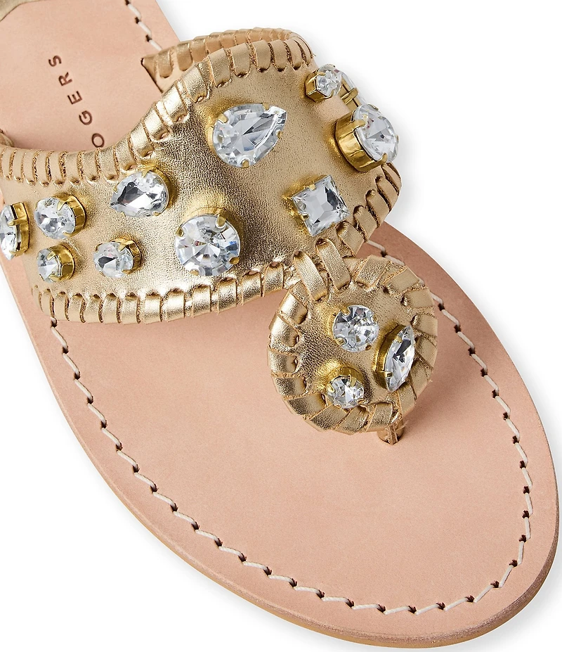 Jack Rogers Jacks Metallic Leather Jewel Ornamented Flat Thong Sandals