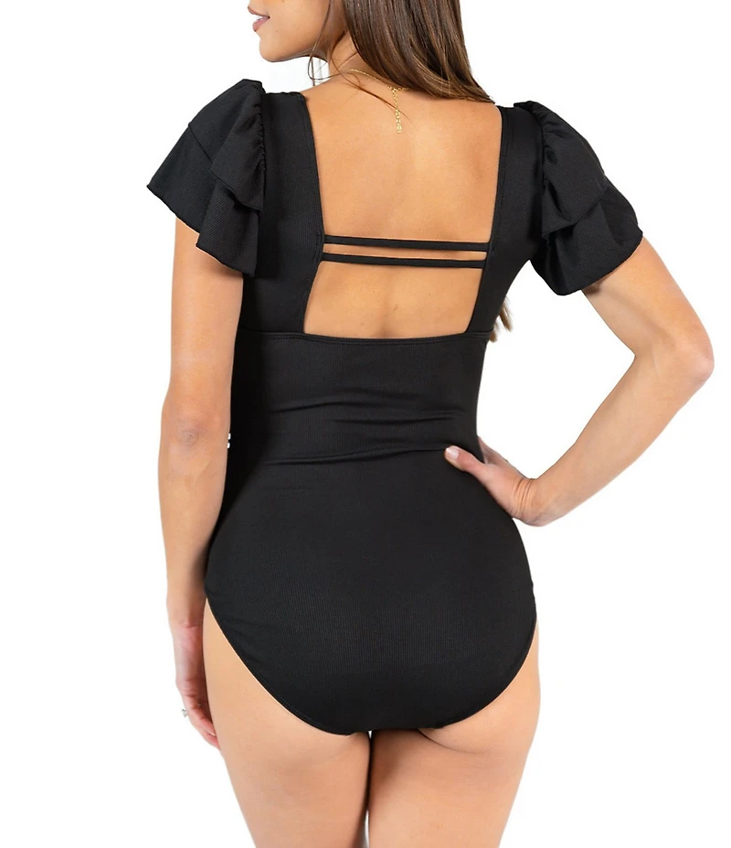 Janela Bay Black Ribbed Double Ruffle Sleeves Square Neck One Piece Swimsuit