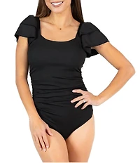 Janela Bay Black Ribbed Double Ruffle Sleeves Square Neck One Piece Swimsuit