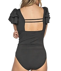 Janela Bay Black Ribbed Double Ruffle Sleeves Square Neck One Piece Swimsuit
