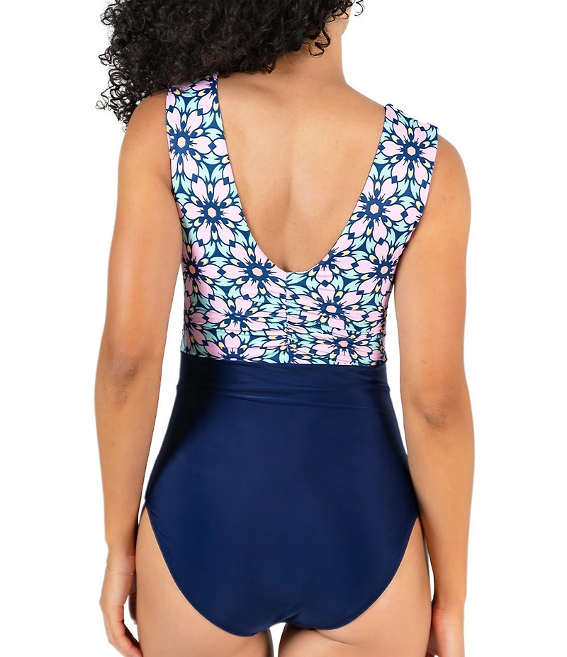 Janela Bay La Valencia V-Neck Open Back Ruched One Piece Swimsuit