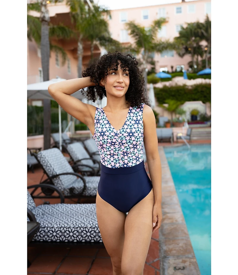 Janela Bay La Valencia V-Neck Open Back Ruched One Piece Swimsuit